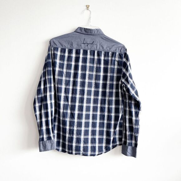 Desigual Mens Long Sleeve Button-Down Shirt Plaid Geometric Blue White Large - Picture 2 of 7